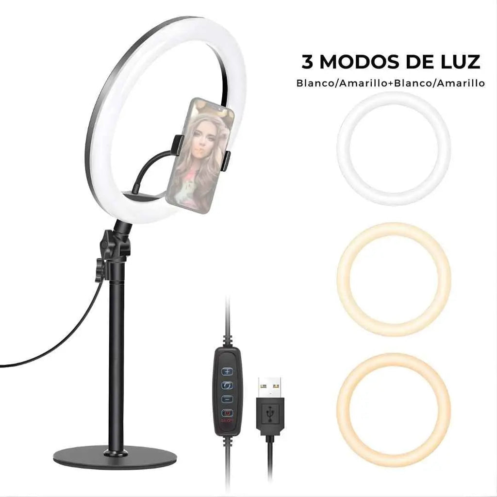 Aro de Luz LED con Soporte Flexible para Celular y Brazo Ajustable para Escritorio con 3 Modos de Iluminación Pro 2026 - Conecta Chava Shop