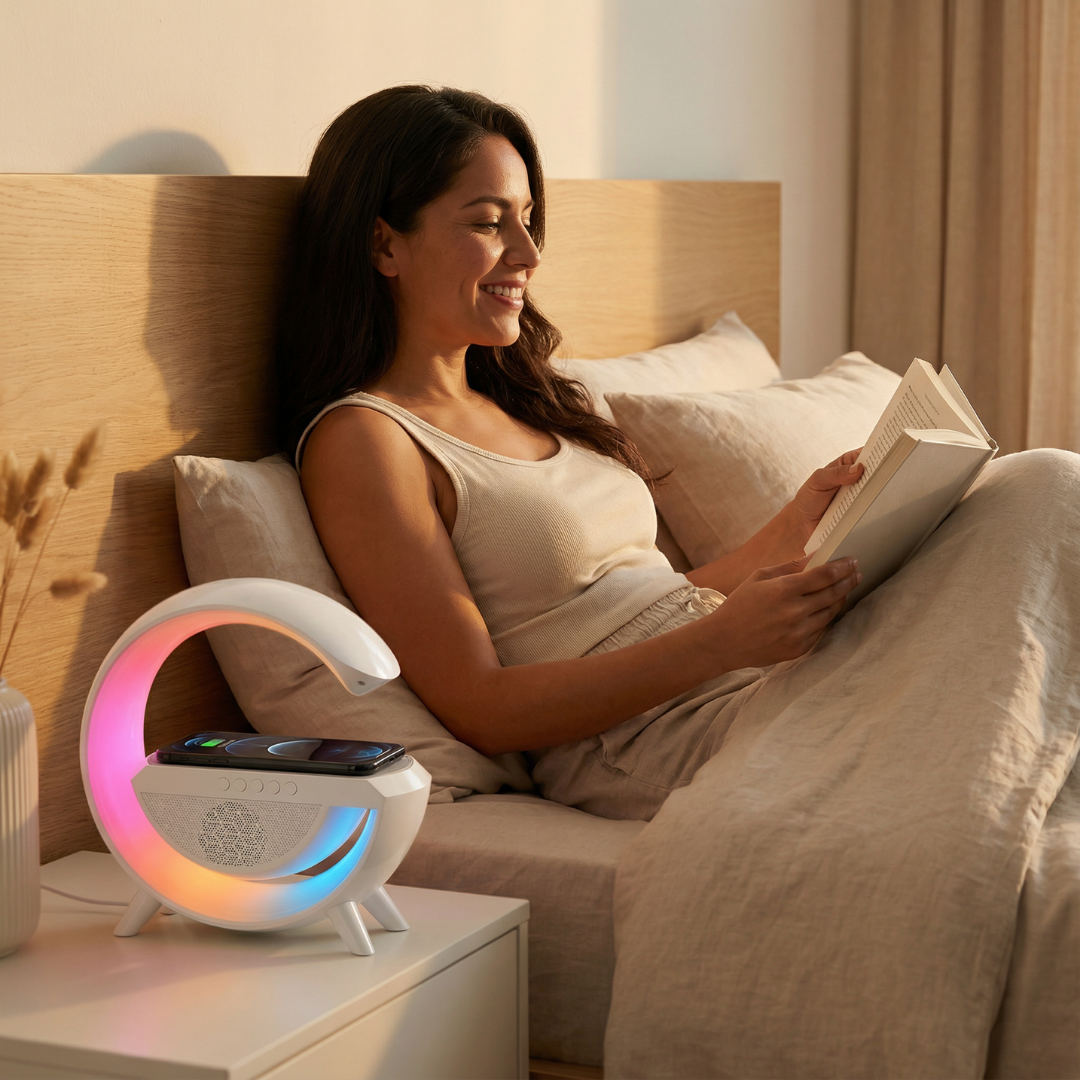Bocina Lámpara RGB Bluetooth Inteligente con Cargador Inalámbrico 15W - Estación Inteligente Smart Home Pro 2026 - Conecta Chava Shop