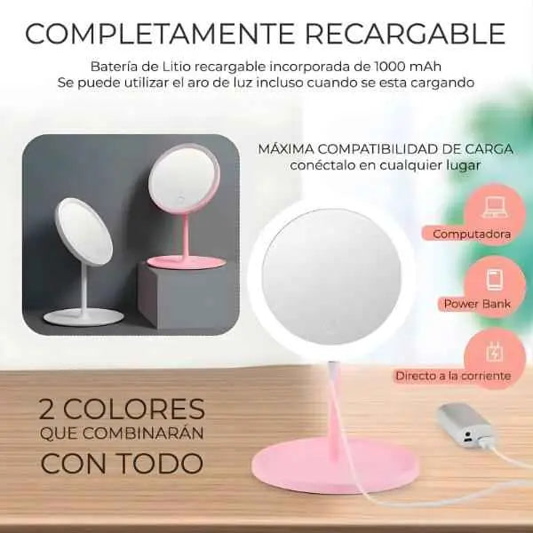 Aro de Luz LED para Maquillaje con Espejo Integrado - Lámpara Recargable con Brillo Ajustable Pro 2026 - Conecta Chava Shop