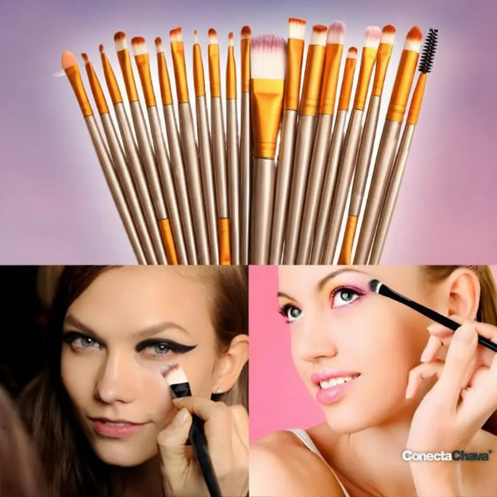 Kit de 20 Pinceles de Maquillaje Profesional Negro y Dorado con Estuche de Viaje - Set Completo para Rostro, Ojos y Labios Pro 2026 - Conecta Chava Shop