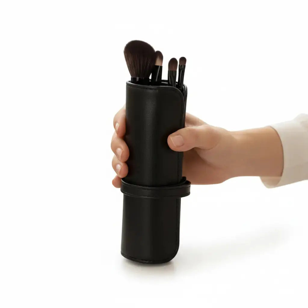 Set de brochas de maquillaje profesionales en estuche negro, sostenido por una mano