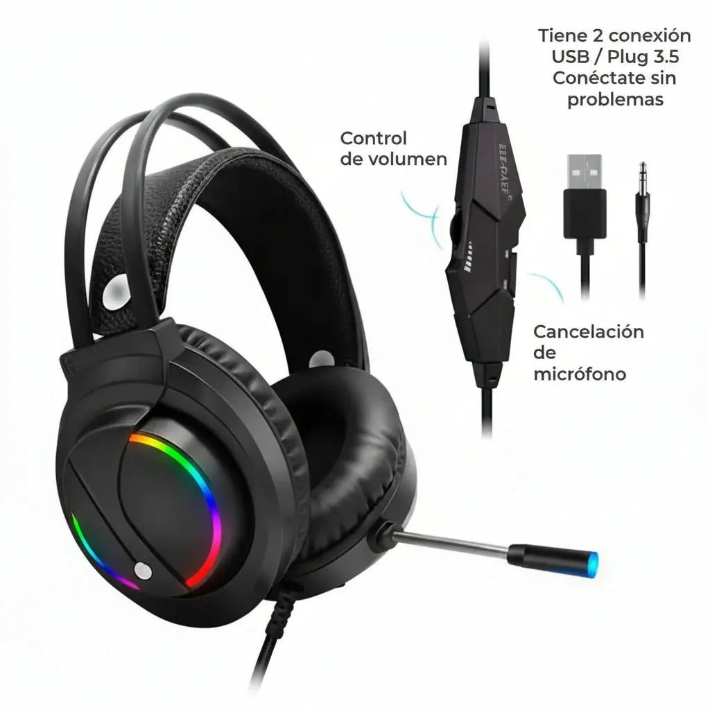 Audífonos Gamer Pro RGB con Sonido Envolvente - Auriculares RGB con Micrófono Retráctil y Diadema Ergonómica Pro 2026 - Conecta Chava Shop