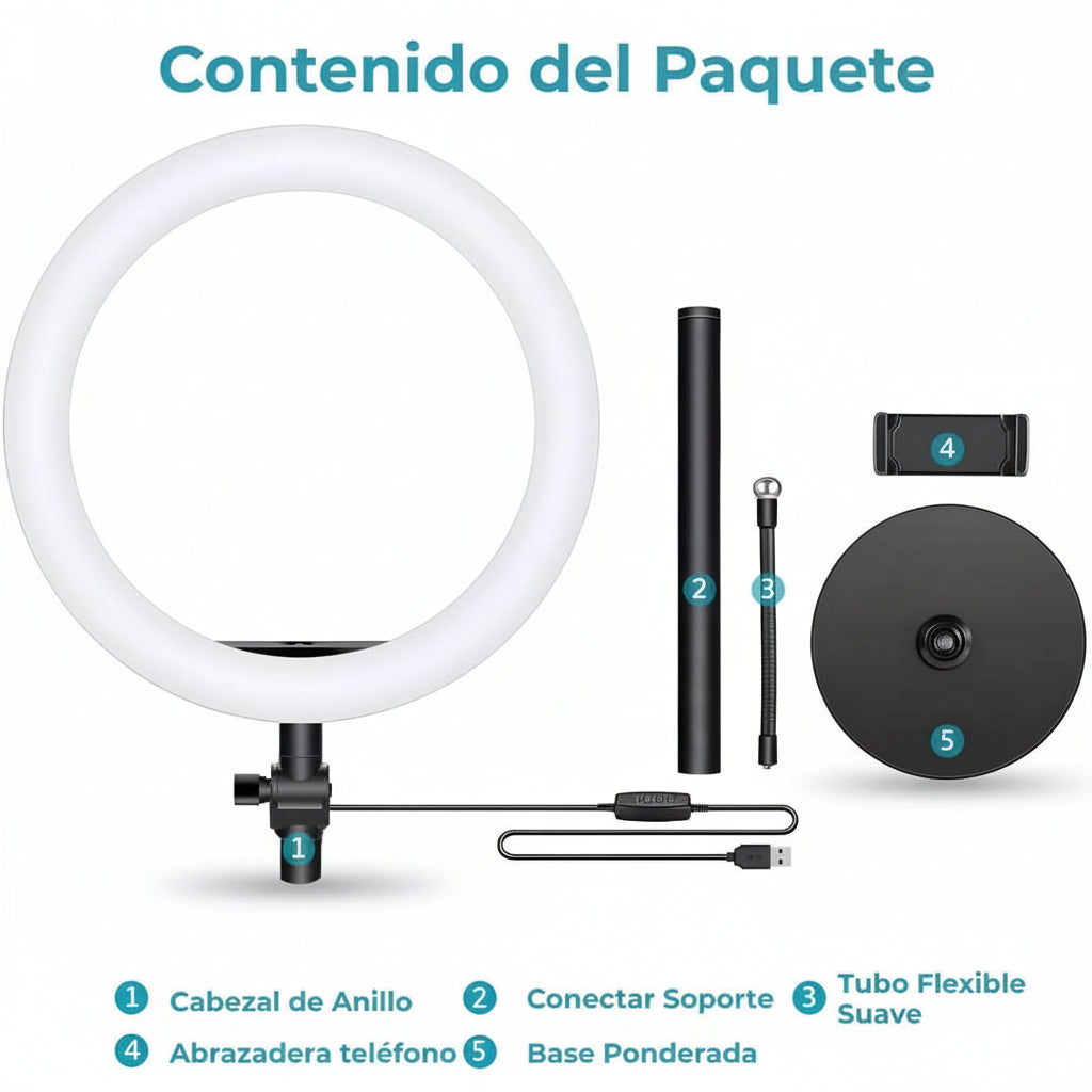 Aro de Luz LED con Soporte Flexible para Celular y Brazo Ajustable para Escritorio con 3 Modos de Iluminación Pro 2026 - Conecta Chava Shop