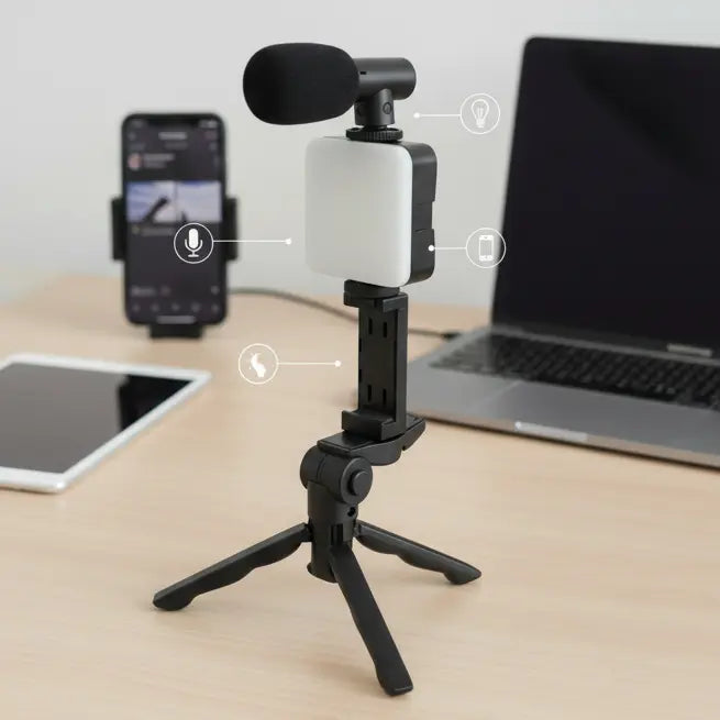 Kit de Video Streaming Pro 4 en 1 - Luz LED Regulable, Micrófono de Alta Fidelidad y Trípode Ajustable para TikTok y Vlogs Pro 2026 - Conecta Chava Shop