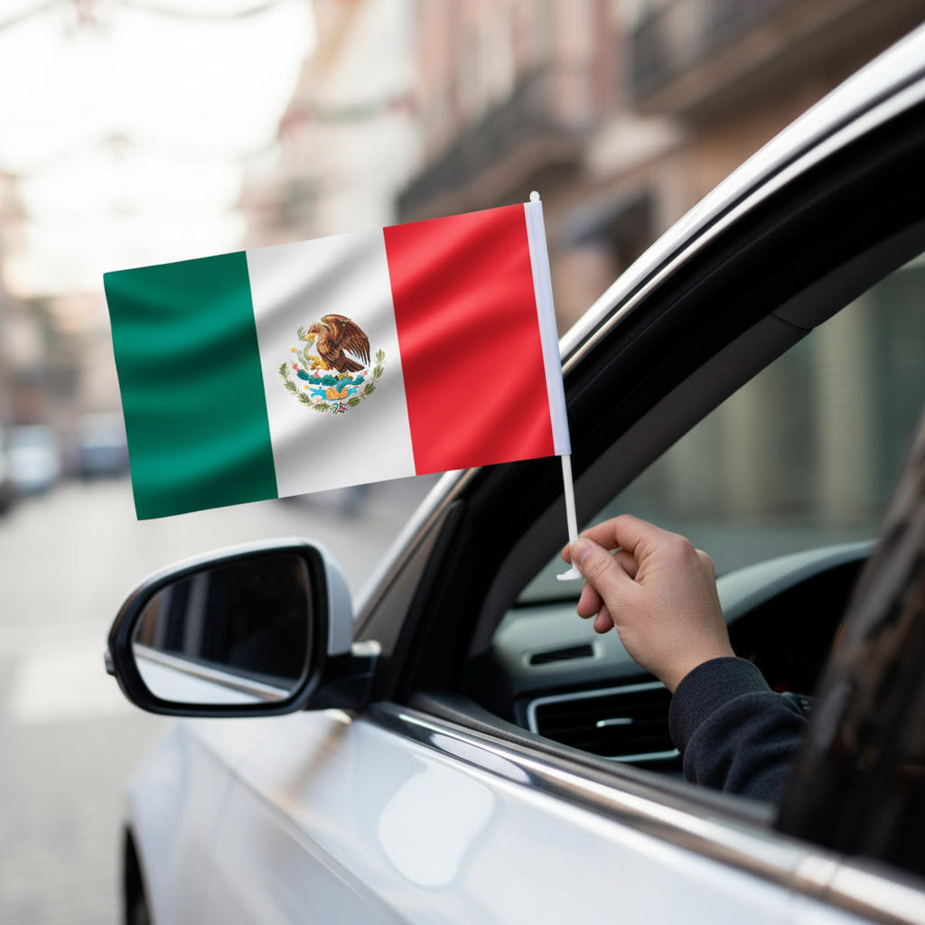 Bandera de México para Auto con Mástil y Soporte para Ventana - Pack de 2 Banderas Pro 2026 - Conecta Chava Shop