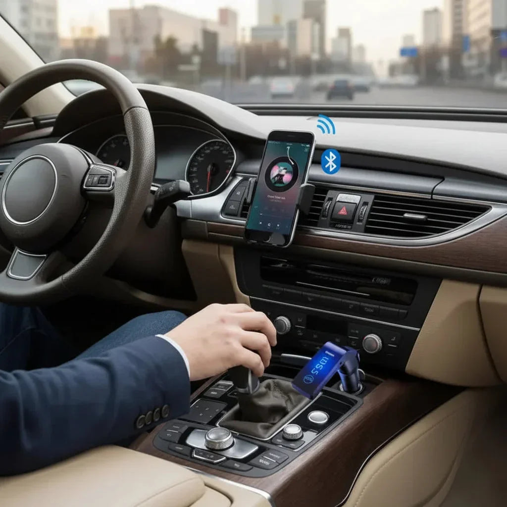 Adaptador Bluetooth para coche conectado al estéreo, smartphone con música y mano usando la palanca.