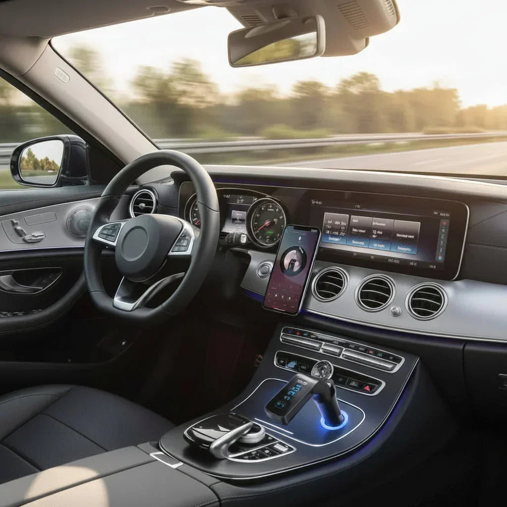 Interior de coche moderno con consola digital, soporte para smartphone y transmisor bluetooth.