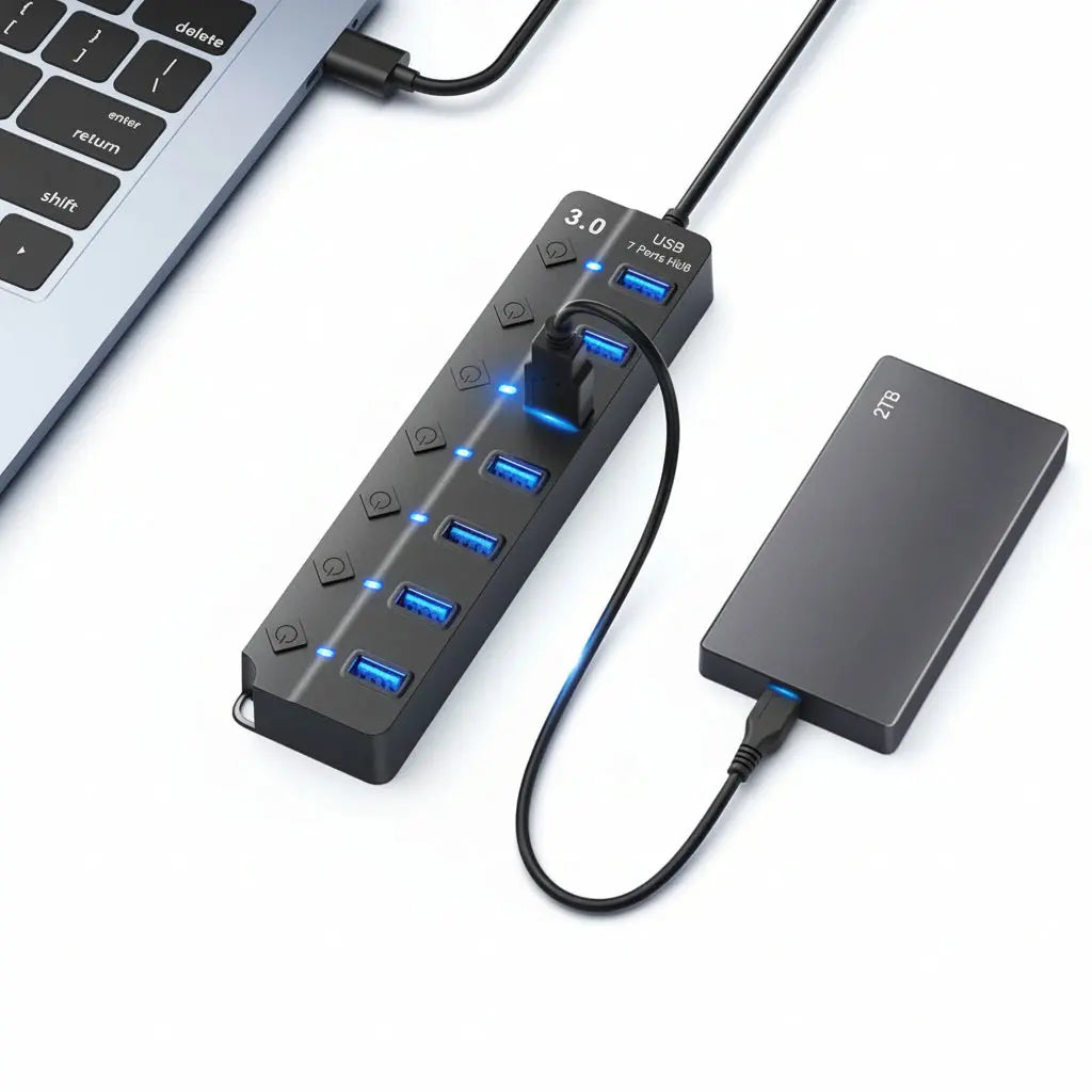 Hub USB 3.0 de 7 Puertos con Interruptores Individuales - Estación de Datos de Alta Velocidad, Luces LED Indicadoras, Diseño Pro para Oficina - Conecta Chava Shop