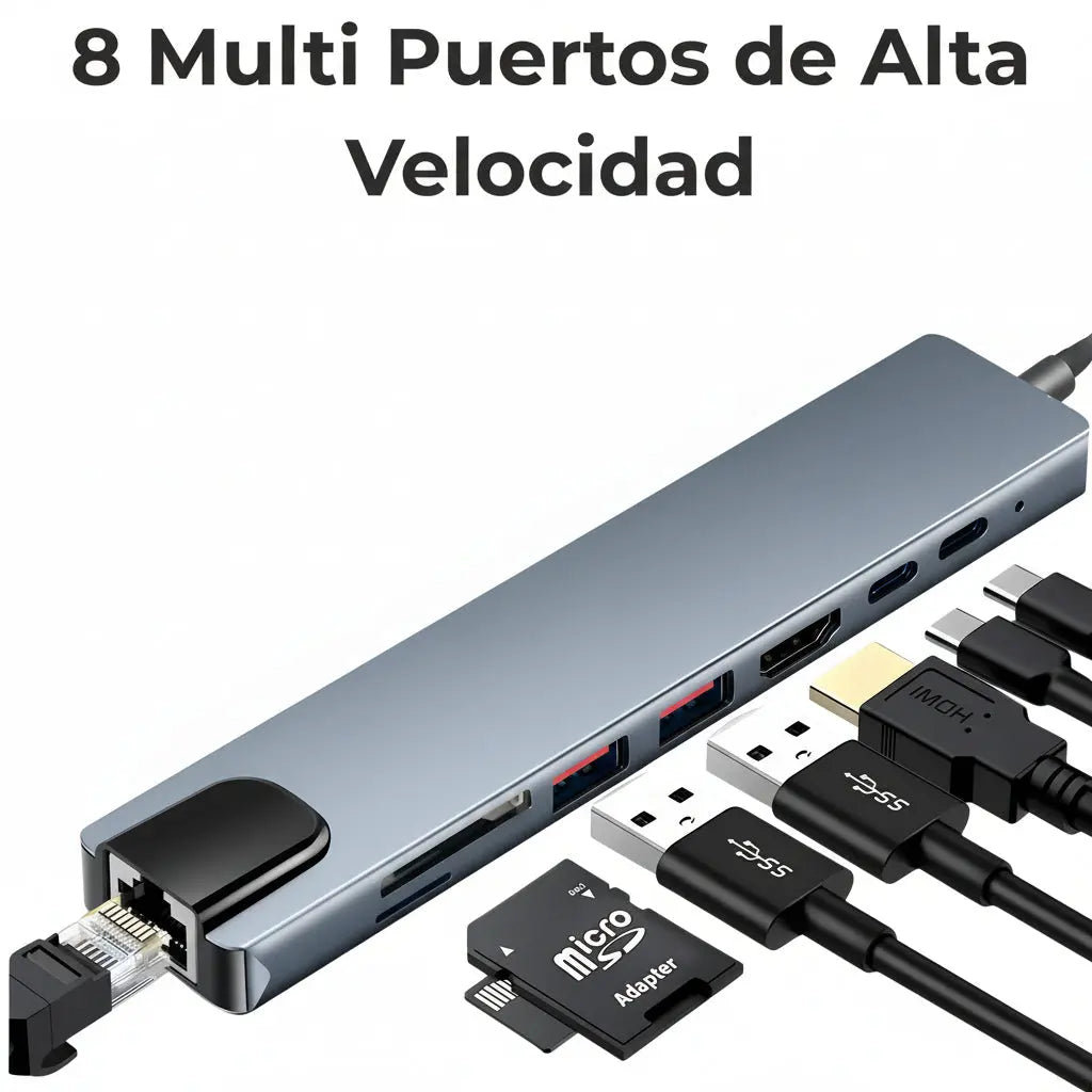 Hub USB de 8 Puertos con Carga USB-C 100W - Estación de Carga Rápida y Datos, Adaptador Multi-Puerto para Laptop y Tablet - Conecta Chava Shop