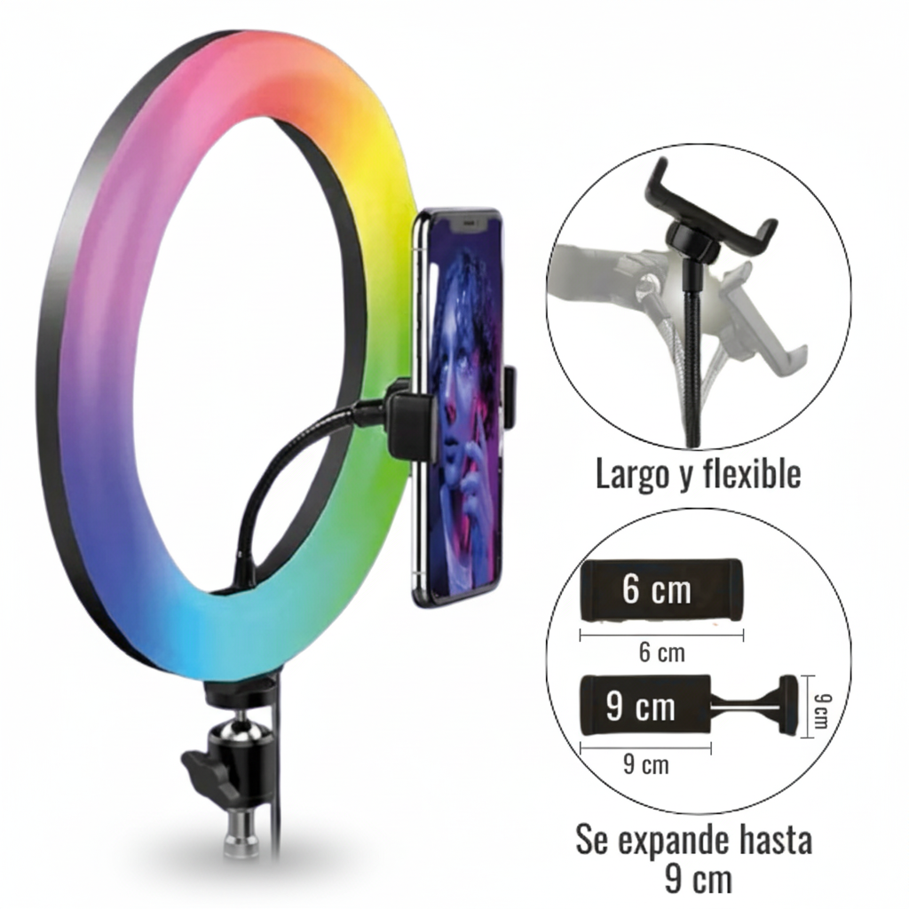 Aro de Luz LED RGB Profesional para Streaming - Soporte Ajustable con Soporte para Celular, Iluminación Pro para TikTok y YouTube 2026 - Conecta Chava Shop