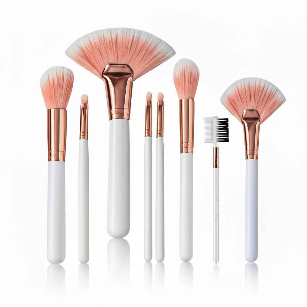Set de 8 Brochas de Maquillaje Profesional - Kit con Brocha Abanico para Rubor y Cepillo para Cejas y Pestañas Pro 2026 - Conecta Chava Shop