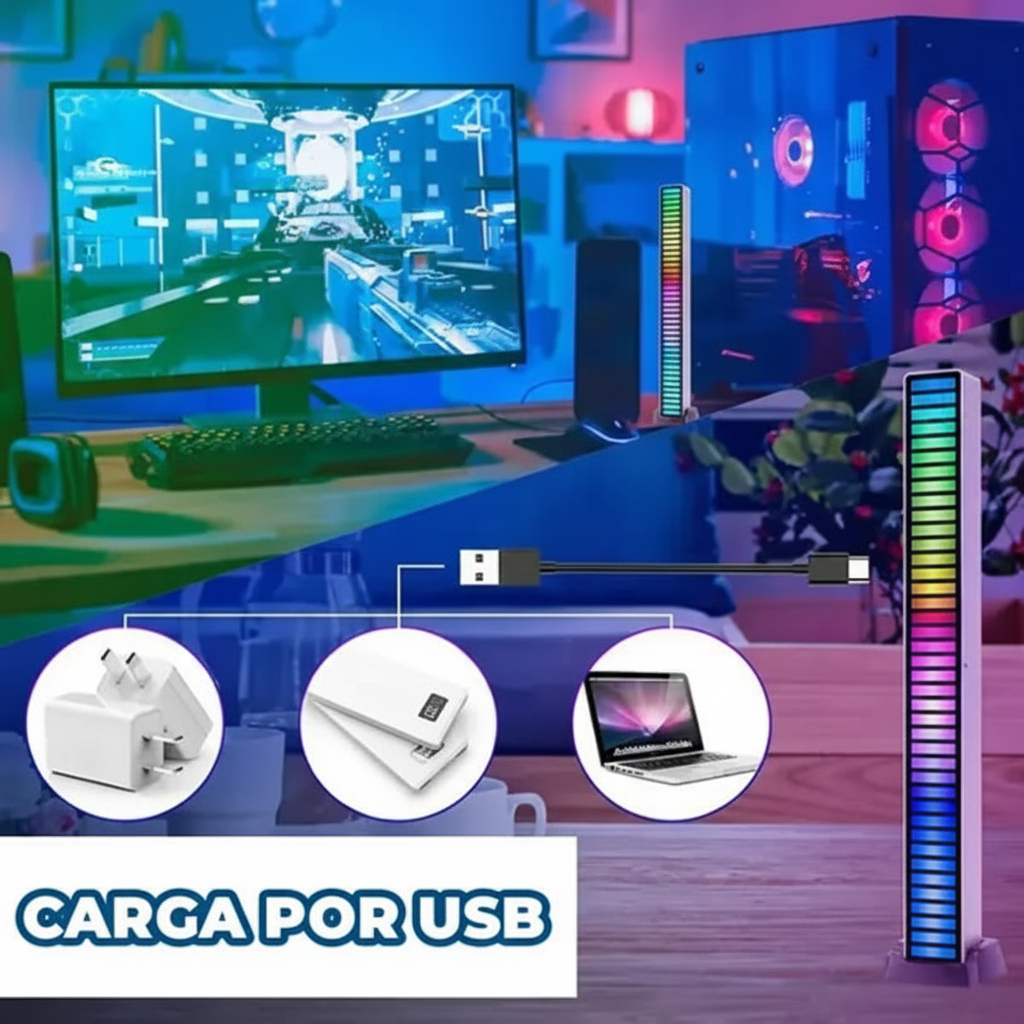 Barra de Luz LED RGB Reactiva al Sonido con 32 LEDs - Visualizador rítmico con Control por App y USB, Iluminación Gamer Pro 2026 - Conecta Chava Shop