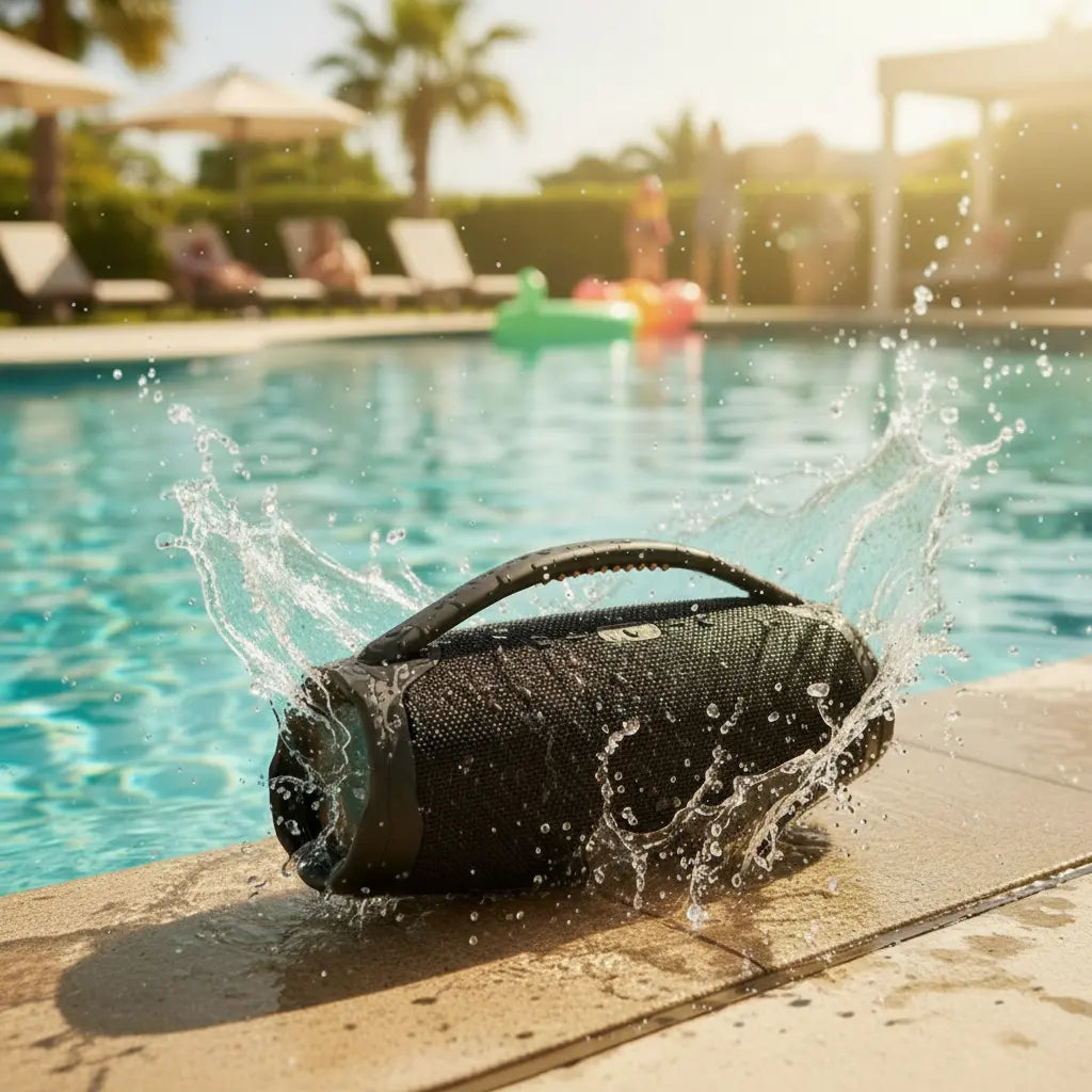 Bocina portátil resistente al agua junto a piscina, ideal para exteriores y fiestas