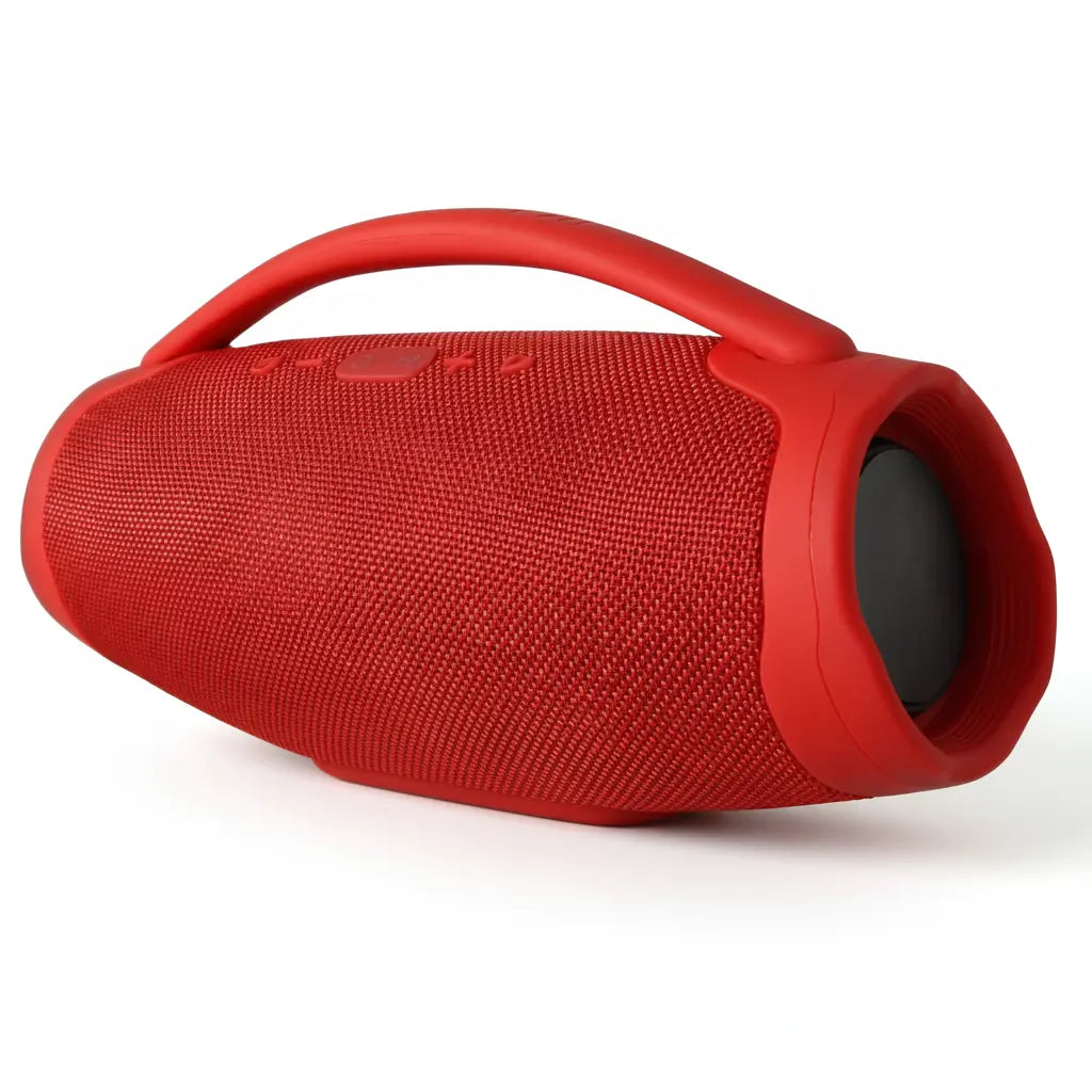 Bocina portátil roja resistente al agua con asa, diseño cilíndrico y botones integrados