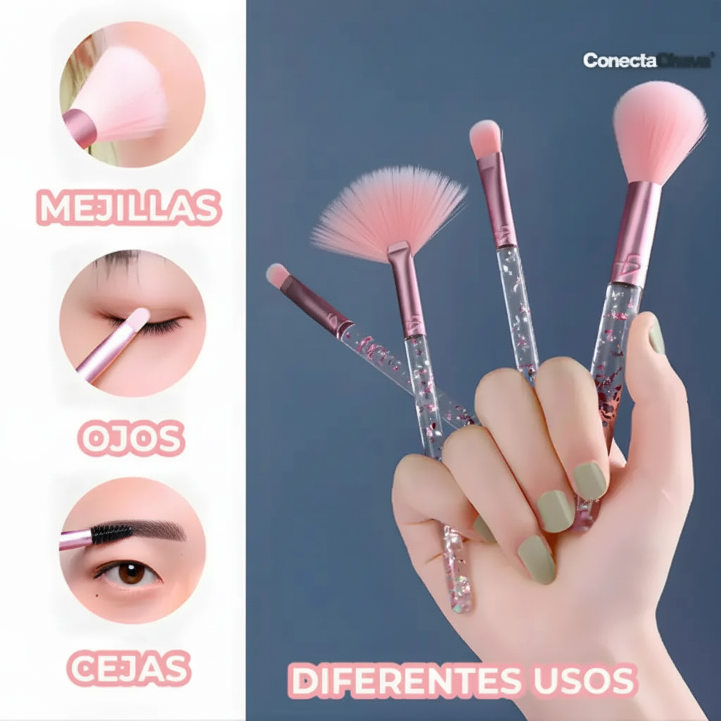 Set de 7 Brochas de Maquillaje Kawaii con Glitter - Kit de Pinceles Profesionales Ultra Suaves para Rostro y Ojos Pro 2026 - Conecta Chava Shop