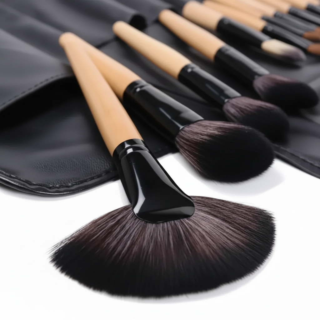 Set de 24 brochas de maquillaje con cerdas sintéticas y mangos de madera, sobre estuche negro