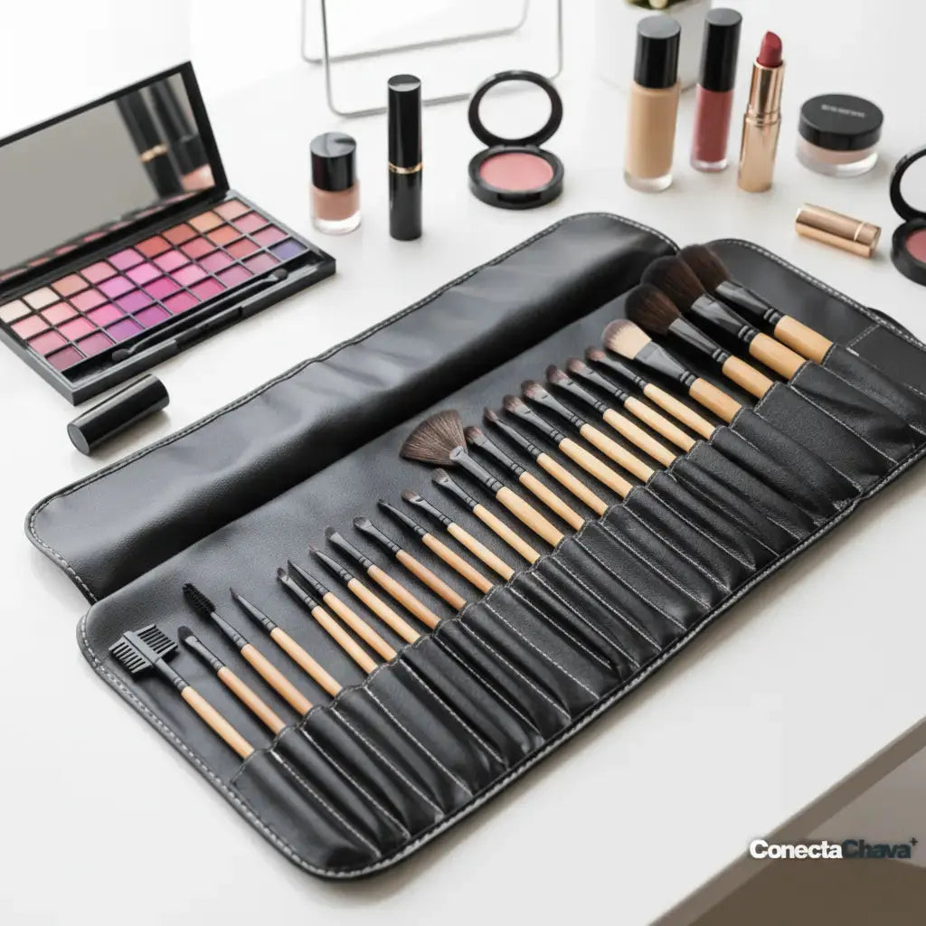 Set de 24 brochas de maquillaje profesionales con estuche, junto a cosméticos sobre mesa blanca.