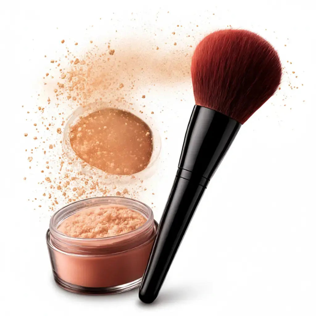 Brocha de maquillaje profesional con polvo suelto color beige sobre fondo blanco.