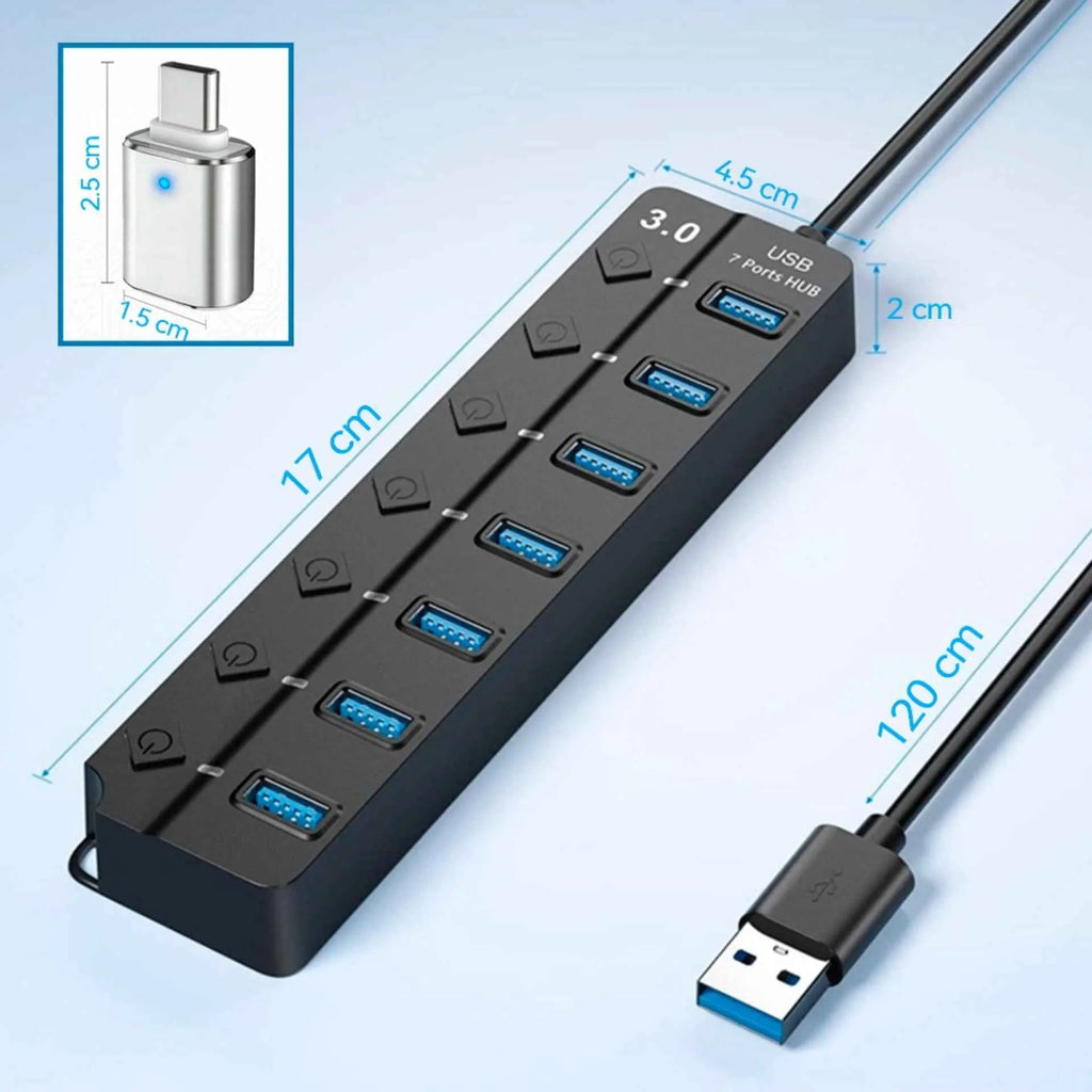 Hub USB 3.0 de 7 Puertos con Interruptores Individuales - Estación de Datos de Alta Velocidad, Luces LED Indicadoras, Diseño Pro para Oficina - Conecta Chava Shop