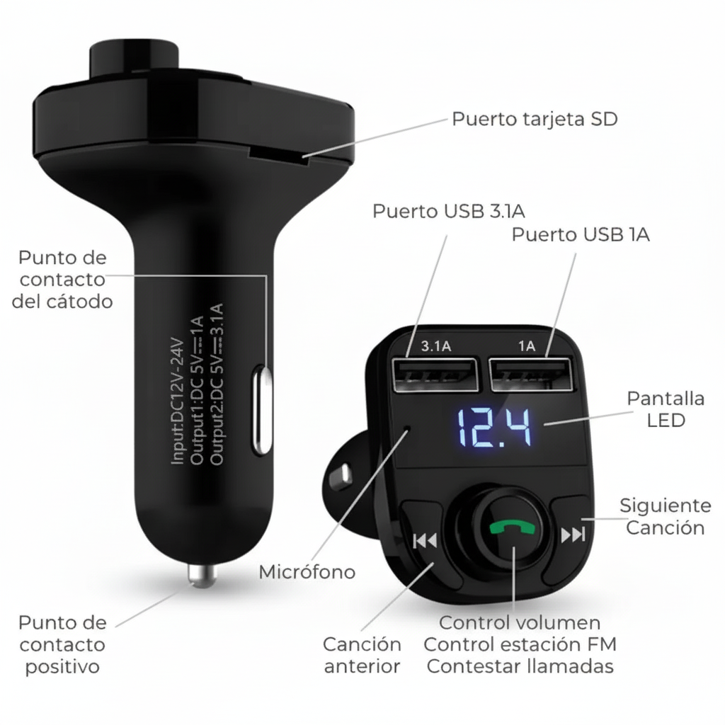 Transmisor FM Bluetooth FX8 de Alta Fidelidad - Reproductor MP3 para Auto con Doble USB y Micro SD, Conexión Estable Pro - Conecta Chava Shop