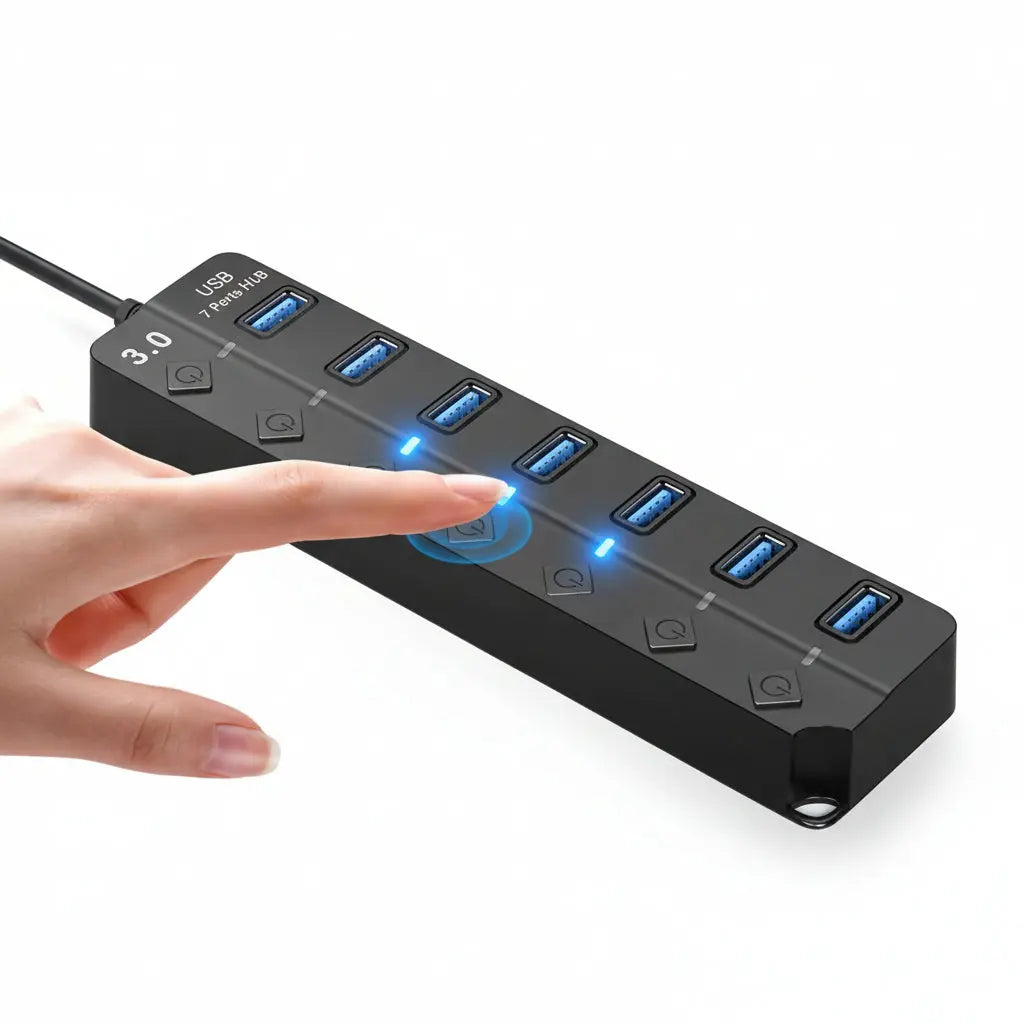 Hub USB 3.0 de 7 Puertos con Interruptores Individuales - Estación de Datos de Alta Velocidad, Luces LED Indicadoras, Diseño Pro para Oficina - Conecta Chava Shop