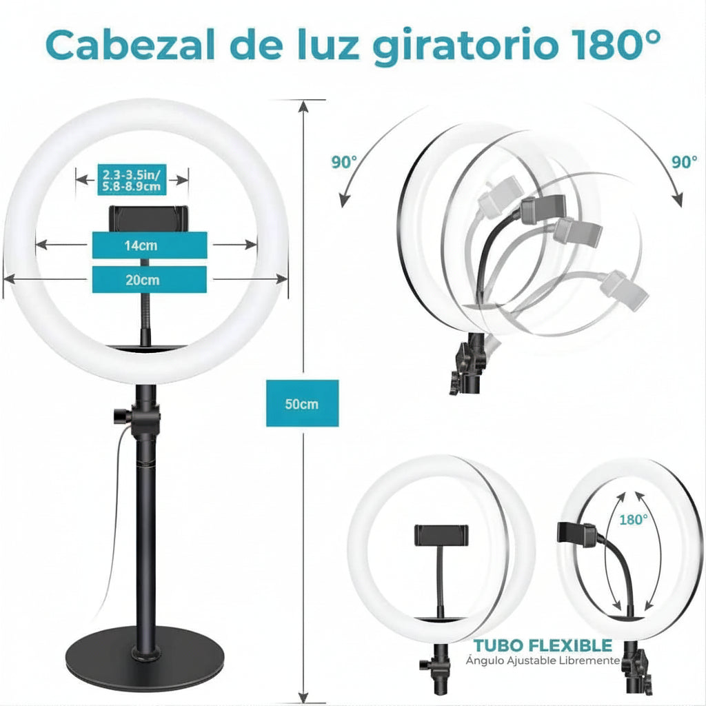 Aro de Luz LED con Soporte Flexible para Celular y Brazo Ajustable para Escritorio con 3 Modos de Iluminación Pro 2026 - Conecta Chava Shop