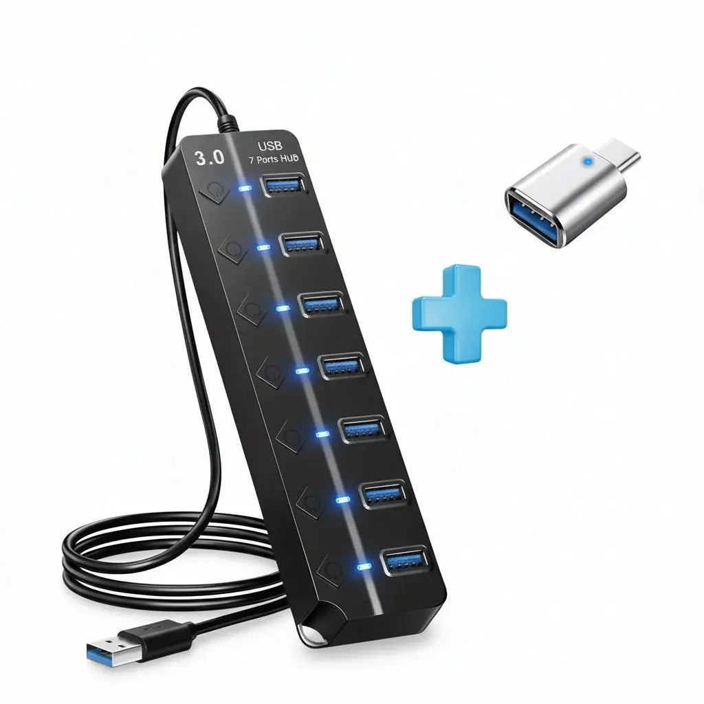 Hub USB 3.0 de 7 Puertos con Interruptores Individuales - Estación de Datos de Alta Velocidad, Luces LED Indicadoras, Diseño Pro para Oficina - Conecta Chava Shop