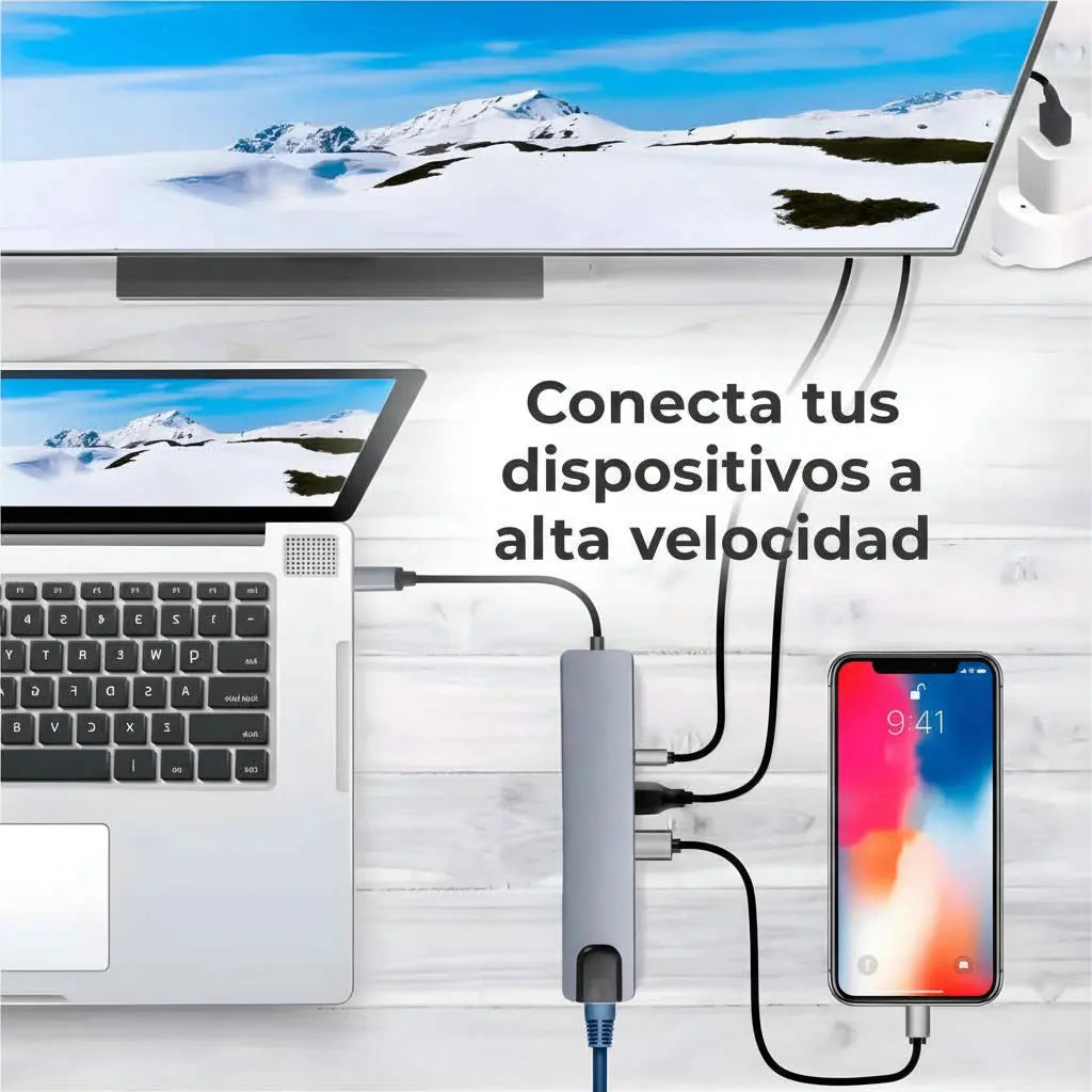 Hub USB de 8 Puertos con Carga USB-C 100W - Estación de Carga Rápida y Datos, Adaptador Multi-Puerto para Laptop y Tablet - Conecta Chava Shop