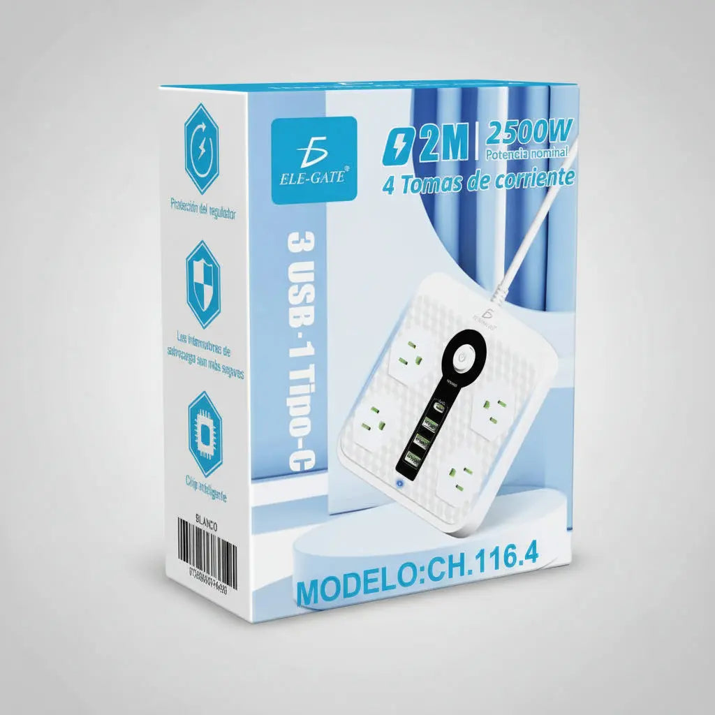 Multicontacto 8 en 1 con Puertos USB y Tipo C - Estación de Carga Inteligente para Escritorio y Protector de Sobrecargas Pro 2026 - Conecta Chava Shop
