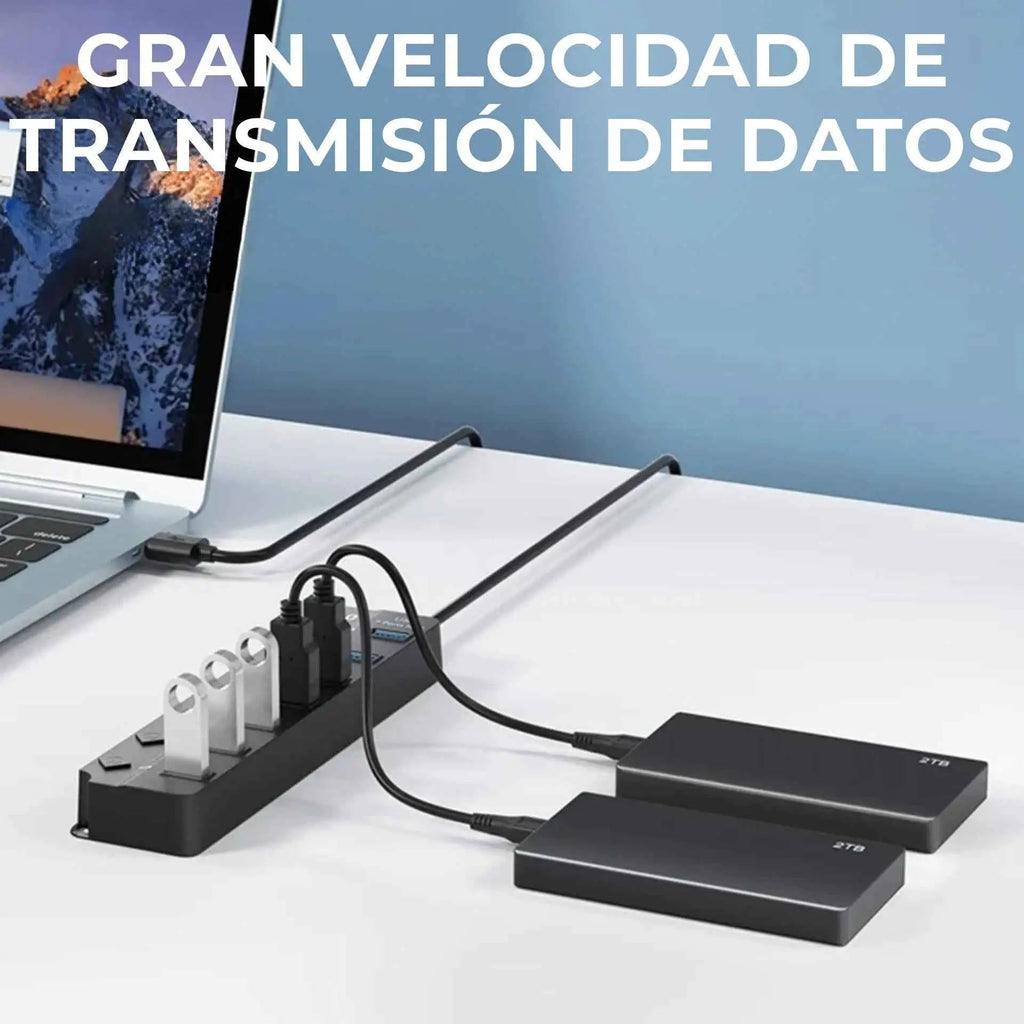 Hub USB 3.0 de 7 Puertos con Interruptores Individuales - Estación de Datos de Alta Velocidad, Luces LED Indicadoras, Diseño Pro para Oficina - Conecta Chava Shop