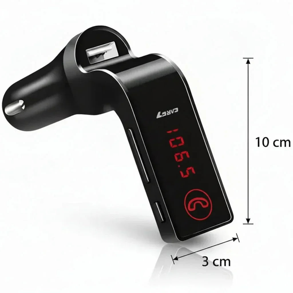 Transmisor FM bluetooth para auto con pantalla LED, puerto USB y dimensiones 10x3 cm