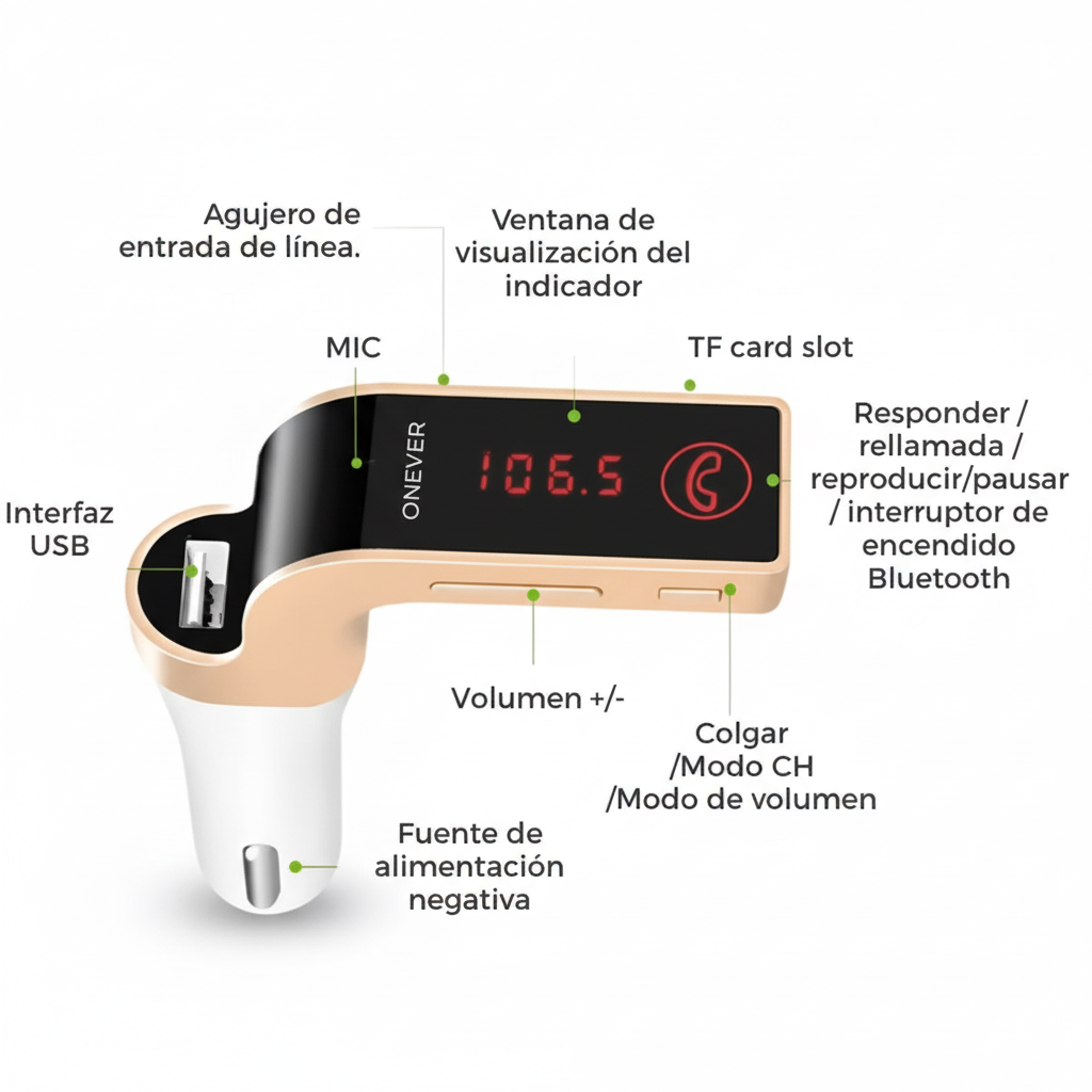 Transmisor Bluetooth para Auto con Respuesta 1 Clic - Manos Libres Inalámbrico, Reproductor MP3 USB y Micro SD, Conducción Segura Pro - Conecta Chava Shop