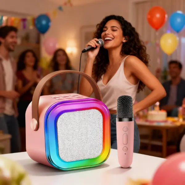 Mini Máquina de Karaoke Portátil con Micrófono Inalámbrico y Luces LED RGB - Altavoz Bluetooth con 4 Efectos de Voz Pro 2026 - Conecta Chava Shop