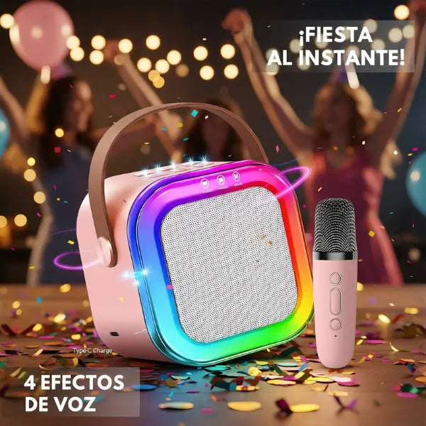 Mini Máquina de Karaoke Portátil con Micrófono Inalámbrico y Luces LED RGB - Altavoz Bluetooth con 4 Efectos de Voz Pro 2026 - Conecta Chava Shop