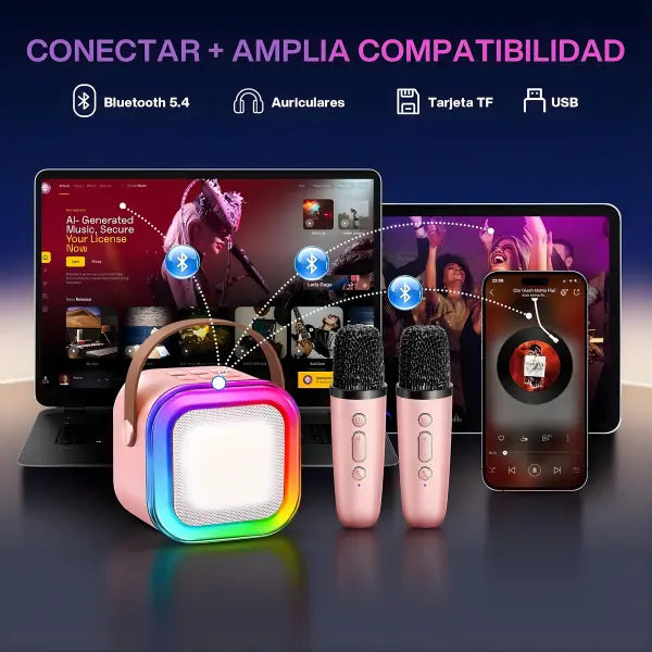 Mini Máquina de Karaoke Portátil con Micrófono Inalámbrico y Luces LED RGB - Altavoz Bluetooth con 4 Efectos de Voz Pro 2026 - Conecta Chava Shop