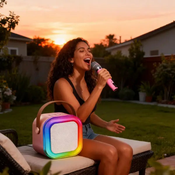 Mini Máquina de Karaoke Portátil con Micrófono Inalámbrico y Luces LED RGB - Altavoz Bluetooth con 4 Efectos de Voz Pro 2026 - Conecta Chava Shop