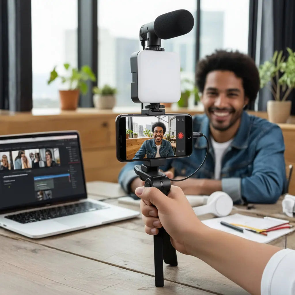 Kit de Vlog Pro 4 en 1 para Smartphone - Luz LED de Relleno, Micrófono de Alta Fidelidad y Trípode Ajustable, Todo en Uno para TikTok - Conecta Chava Shop