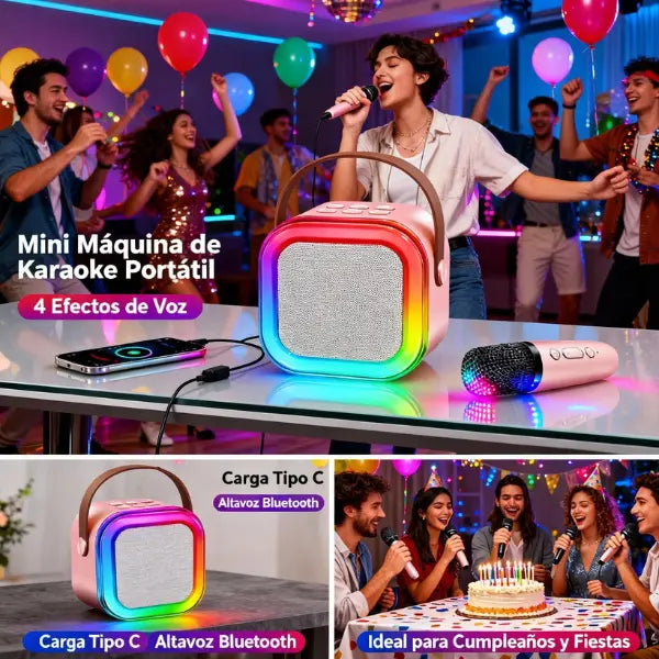 Mini Máquina de Karaoke Portátil con Micrófono Inalámbrico y Luces LED RGB - Altavoz Bluetooth con 4 Efectos de Voz Pro 2026 - Conecta Chava Shop