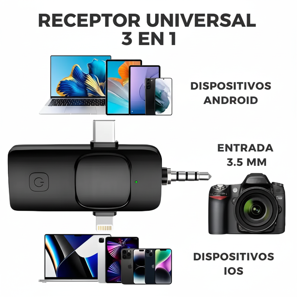 Micrófono Lavalier Inalámbrico 2.4G con Reducción de Ruido Activa - Sistema 3 en 1 para Celular y Cámara Pro 2026 - Conecta Chava Shop