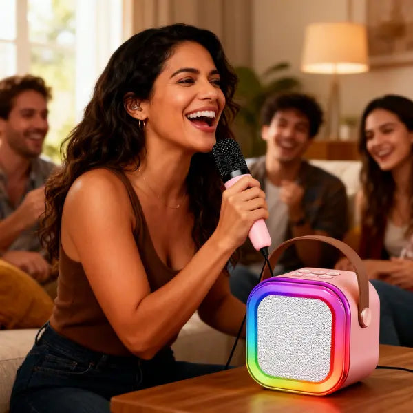 Mini Máquina de Karaoke Portátil con Micrófono Inalámbrico y Luces LED RGB - Altavoz Bluetooth con 4 Efectos de Voz Pro 2026 - Conecta Chava Shop