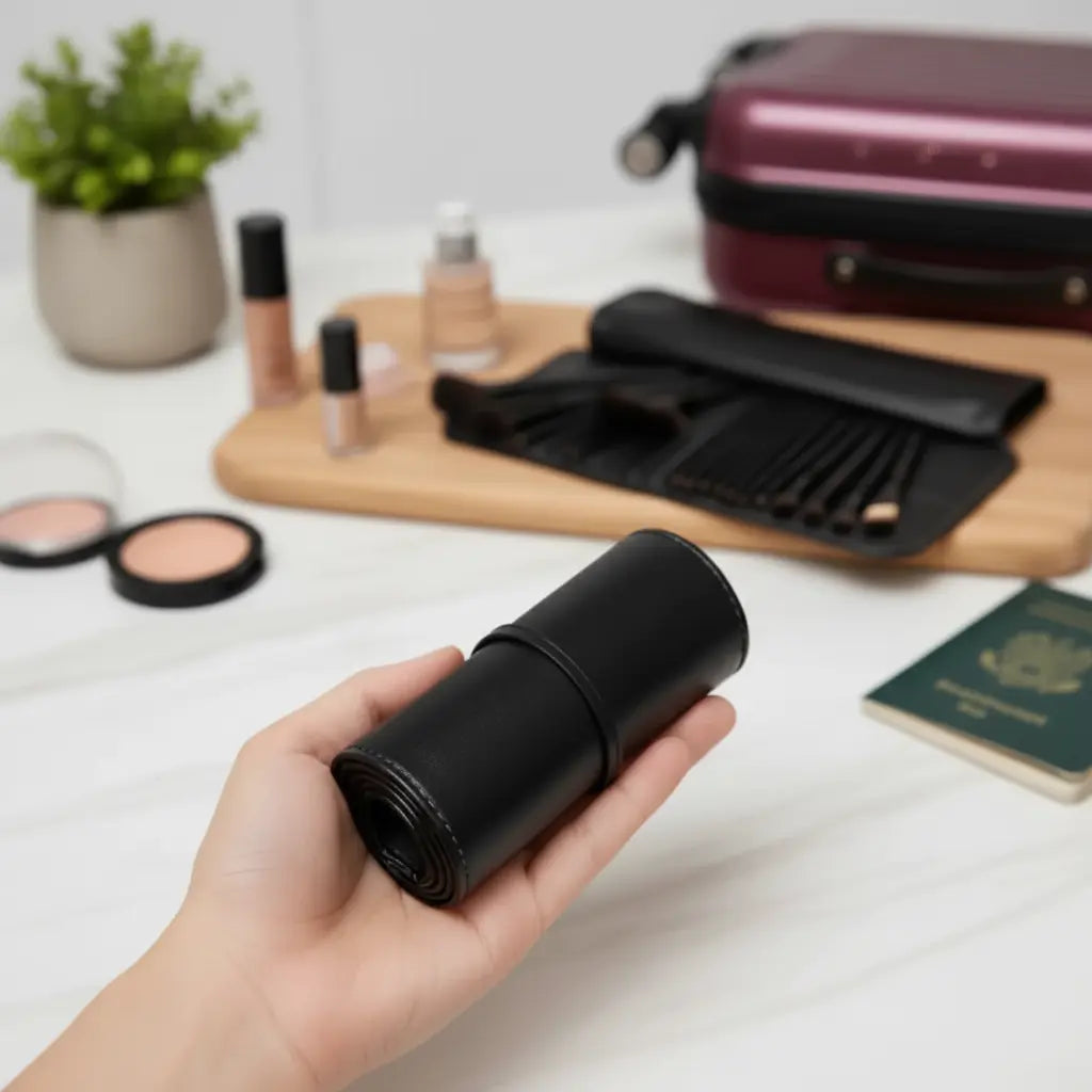 Set de brochas de maquillaje para viaje en estuche negro, junto a maleta y pasaporte