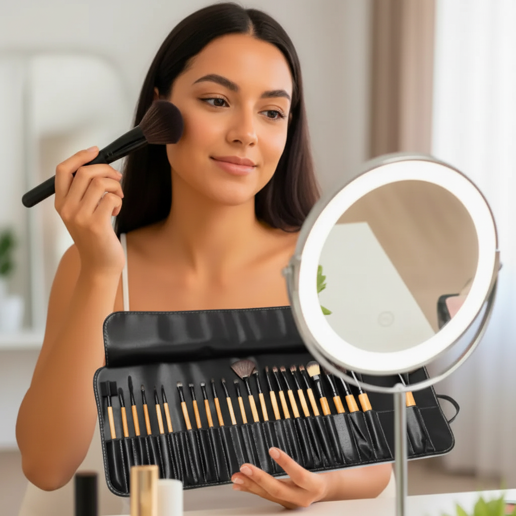 Set de 24 brochas profesionales para maquillaje en estuche negro sobre tocador moderno