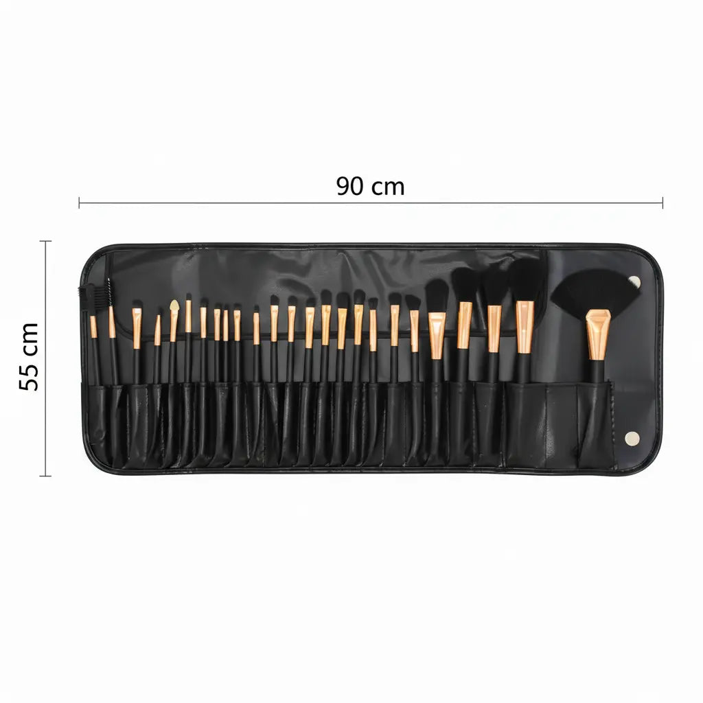 Set de 24 brochas de maquillaje profesionales en estuche negro, medidas 90x55 cm