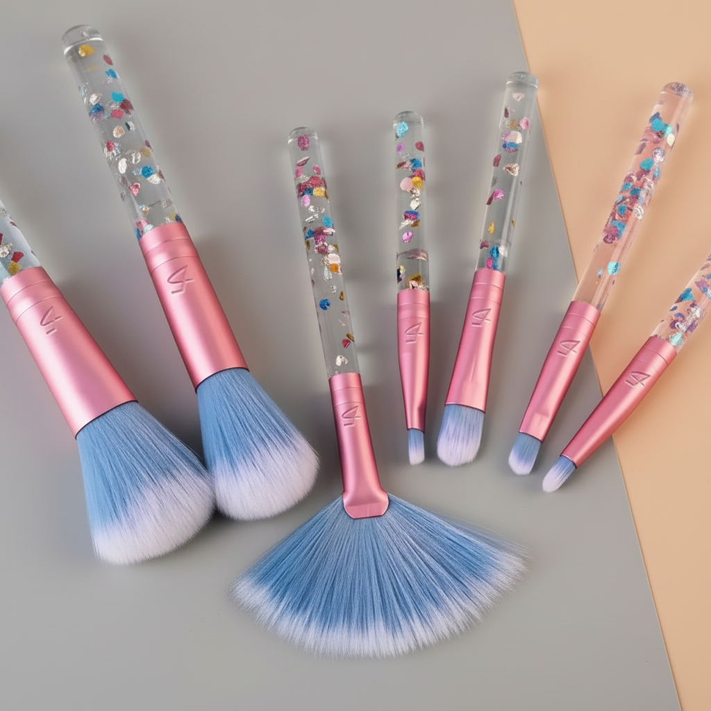 Set de 7 Brochas de Maquillaje Kawaii con Glitter - Kit de Pinceles Profesionales Ultra Suaves para Rostro y Ojos Pro 2026 - Conecta Chava Shop