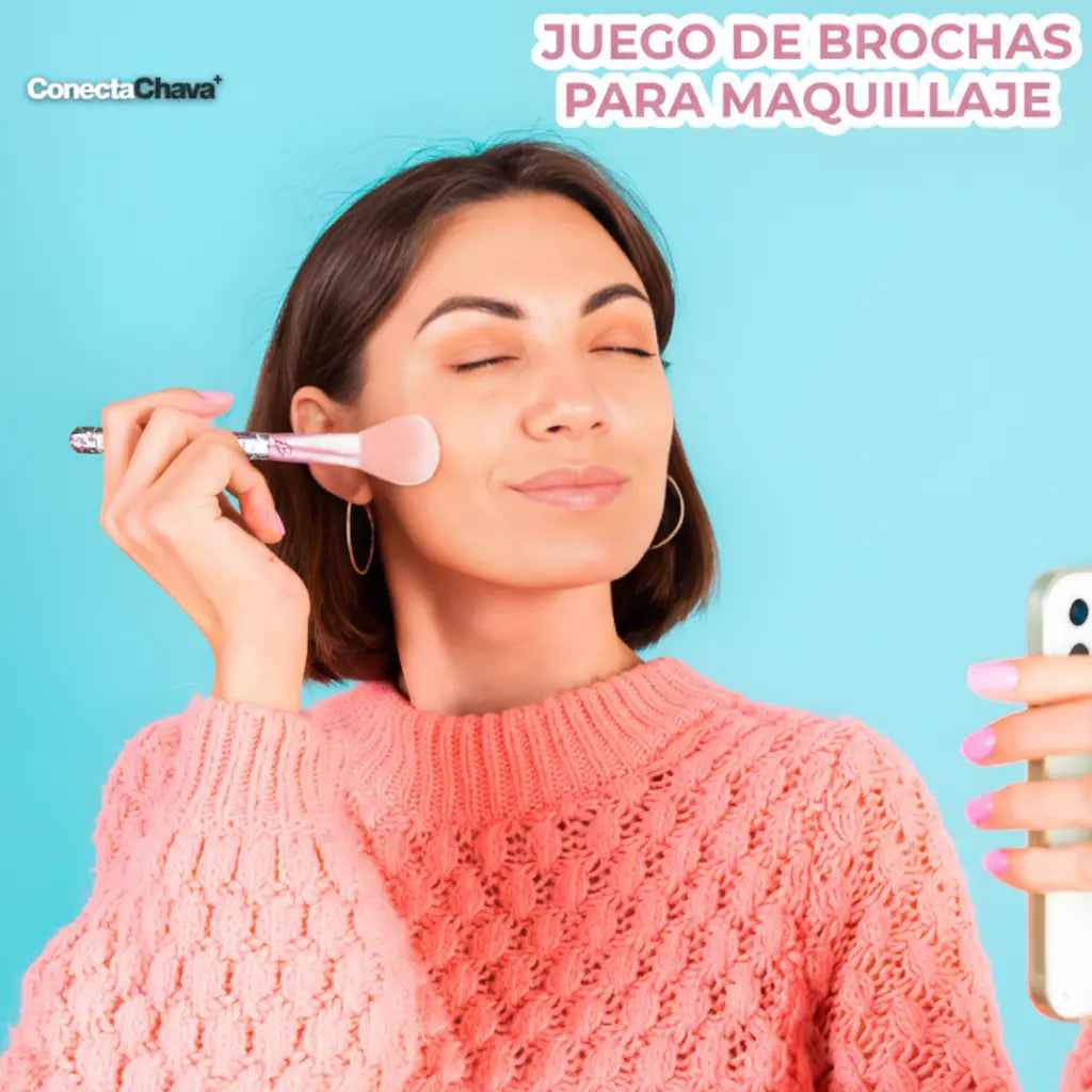 Set de 7 Brochas de Maquillaje Kawaii con Glitter - Kit de Pinceles Profesionales Ultra Suaves para Rostro y Ojos Pro 2026 - Conecta Chava Shop