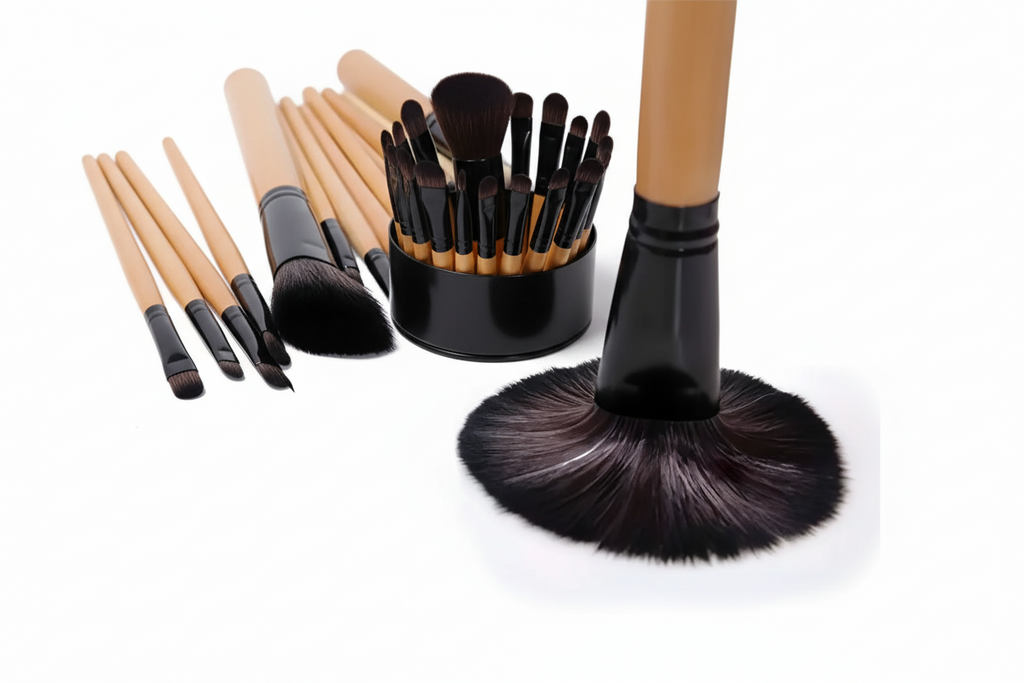 Set profesional de 24 brochas de maquillaje con mango de madera y cerdas sintéticas.