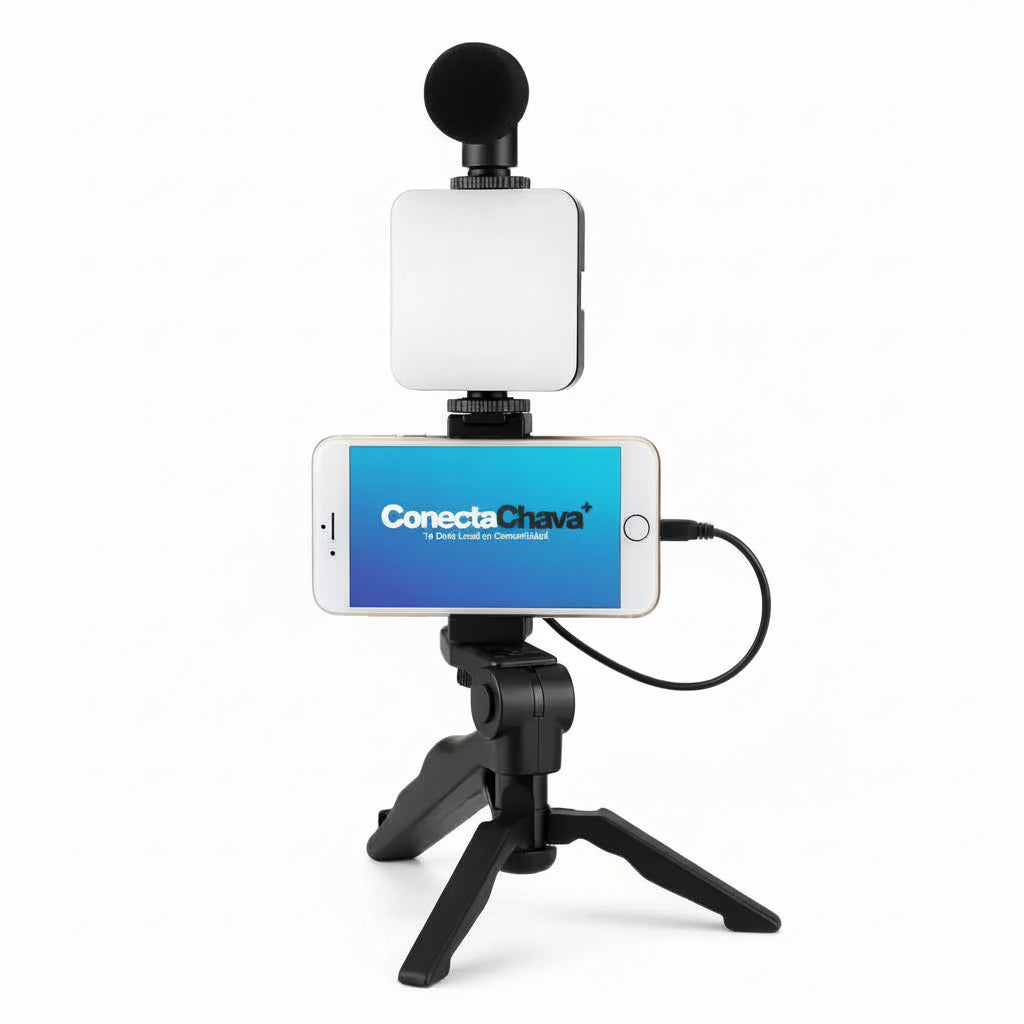Kit de Vlog Pro 4 en 1 para Smartphone - Luz LED de Relleno, Micrófono de Alta Fidelidad y Trípode Ajustable, Todo en Uno para TikTok - Conecta Chava Shop