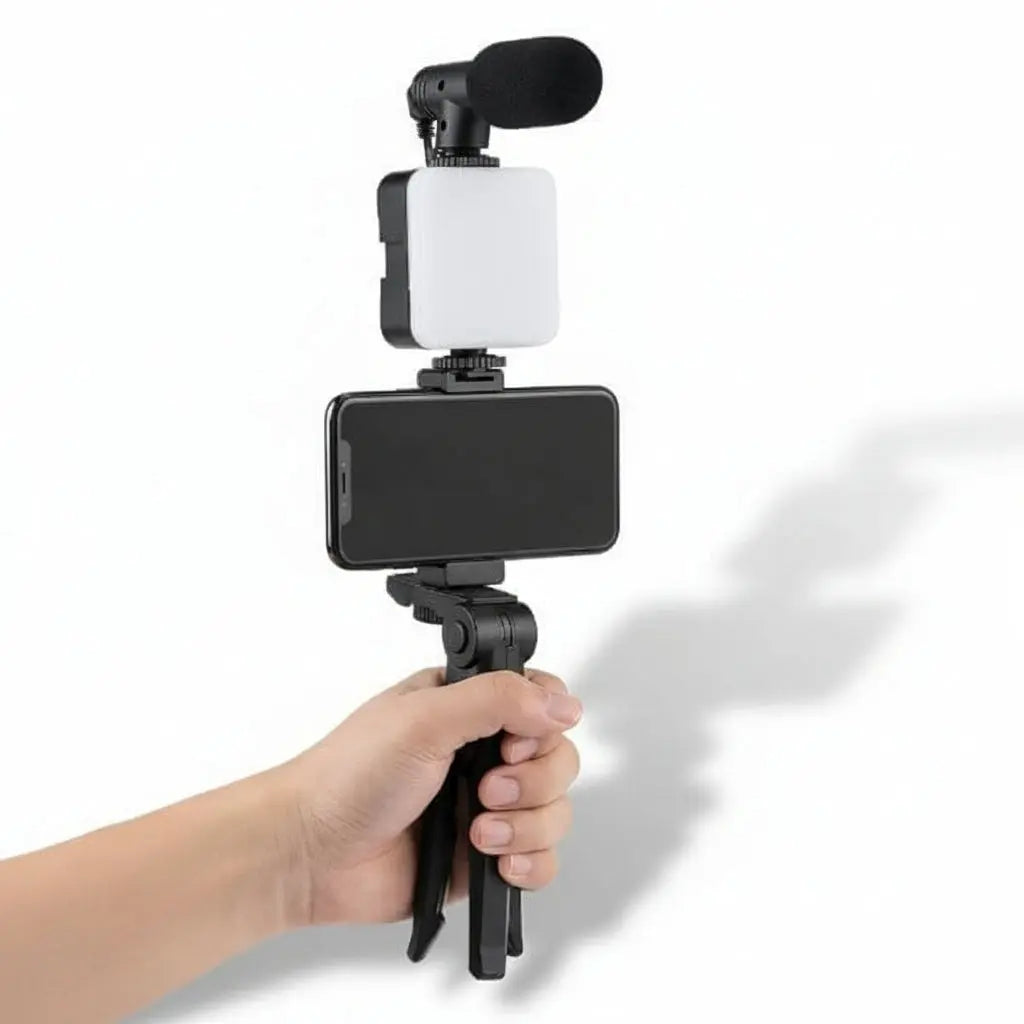 Kit de Vlog Pro 4 en 1 para Smartphone - Luz LED de Relleno, Micrófono de Alta Fidelidad y Trípode Ajustable, Todo en Uno para TikTok - Conecta Chava Shop
