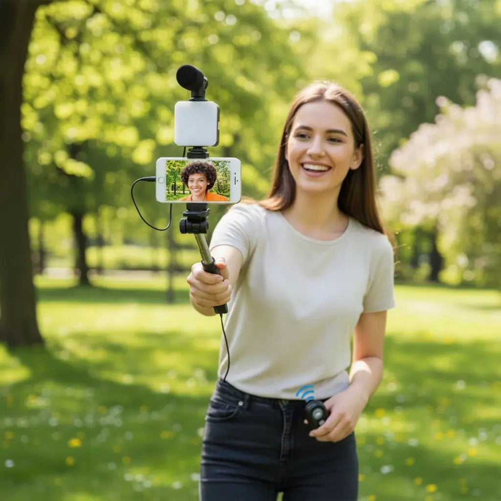 Kit de Vlog Pro 4 en 1 para Smartphone - Luz LED de Relleno, Micrófono de Alta Fidelidad y Trípode Ajustable, Todo en Uno para TikTok - Conecta Chava Shop