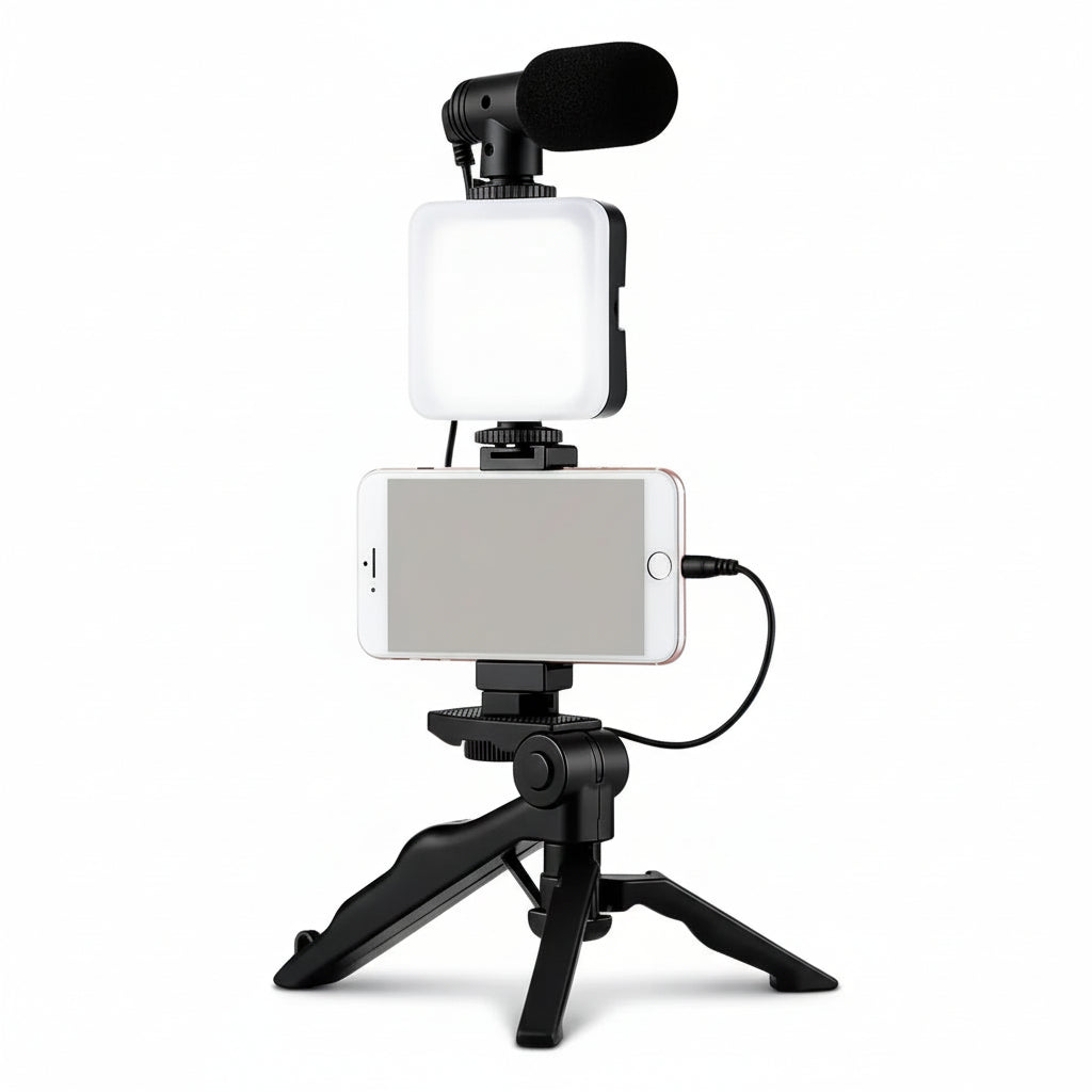 Kit de Vlog Pro 4 en 1 para Smartphone - Luz LED de Relleno, Micrófono de Alta Fidelidad y Trípode Ajustable, Todo en Uno para TikTok - Conecta Chava Shop